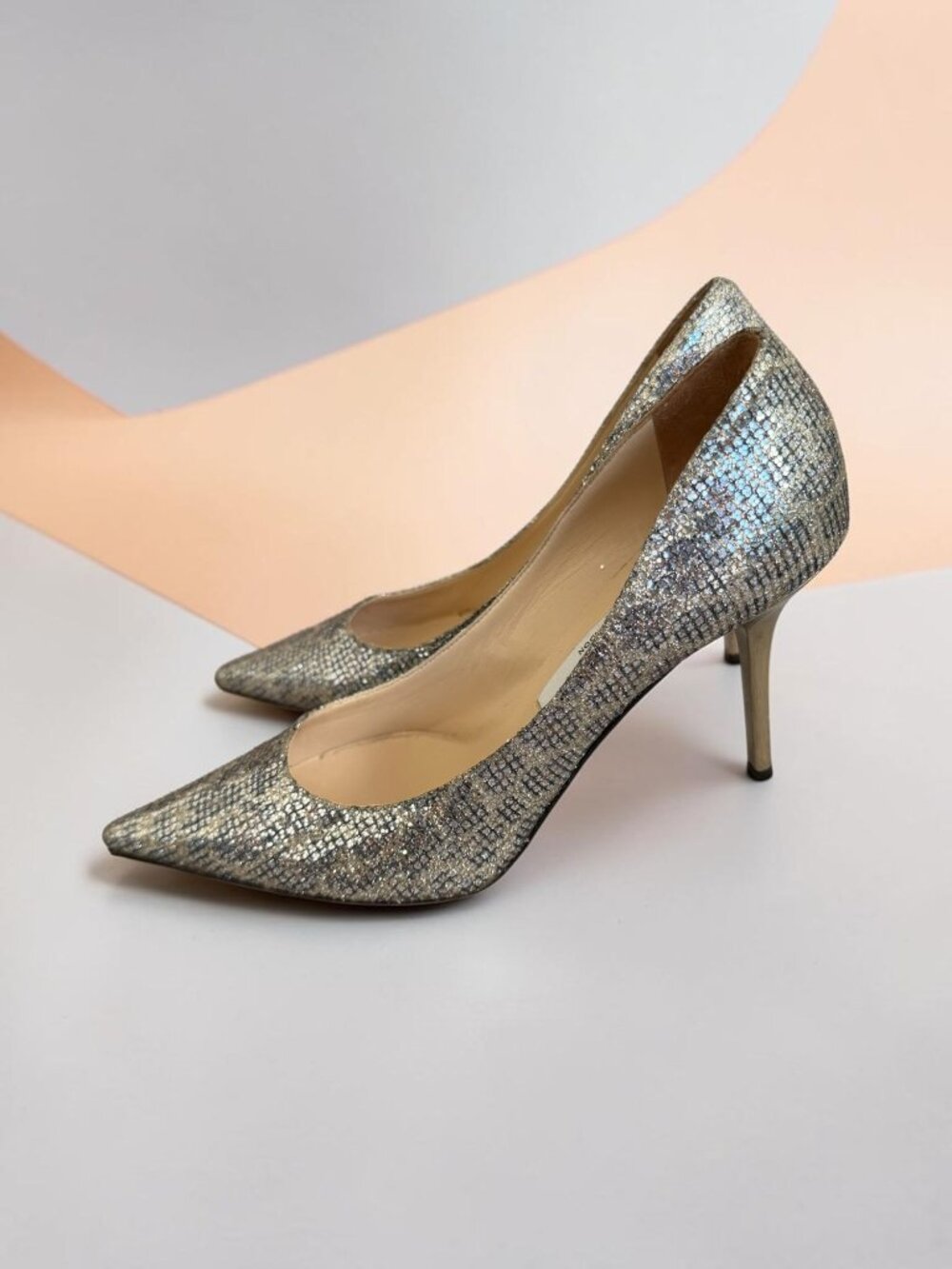 JIMMY CHOO Silver Metallic Animal Print Heels Size 37 / US 7